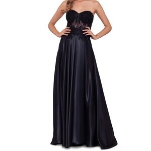 Blondie Nites Juniors' Illusion Applique Charmeuse Gown Black Maxi Size 5